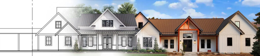 A house plan transitioning into a finished custom home