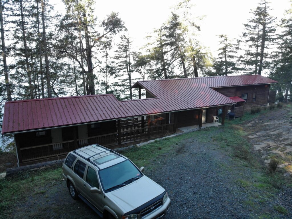 Front view from the driveway of the prefab cabin in BC, Canada