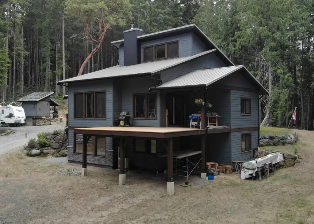 This nearly completed home's elevated decking is featured