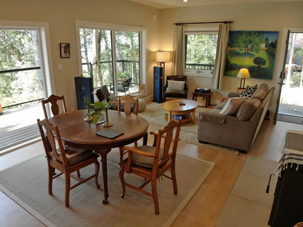 The dining room is just beside the cozy fireplace