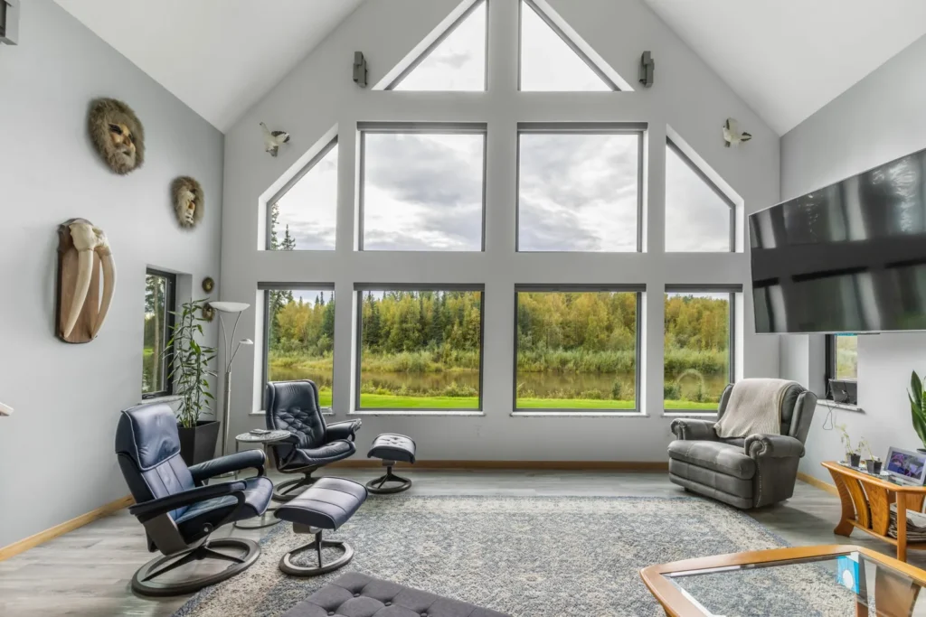 A showcase of a living room's expansive windows